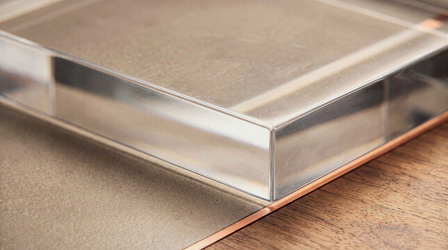 Macro close-up of clear acrylic resin block with polished edge on ceramic tile and wooden surface with copper metal trim. Modern interior materials texture and architectural sample background