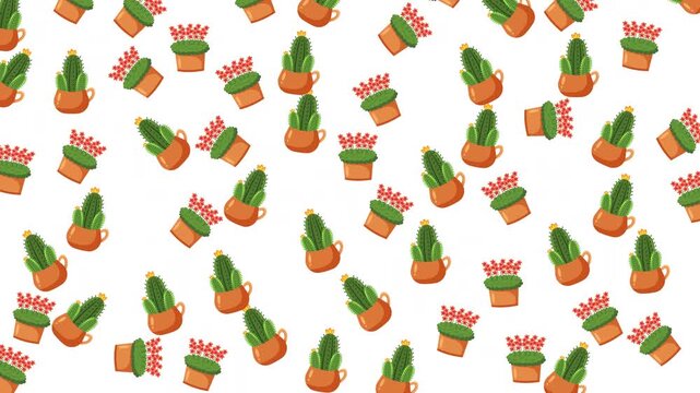 Seamless pattern with cute cartoon cacti and flowering plants in clay pots