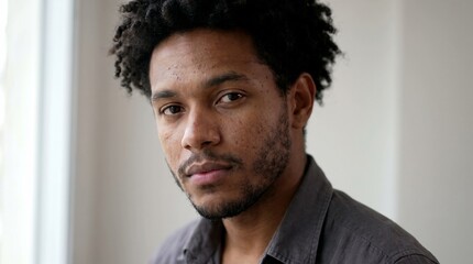 Fototapeta premium Close-up portrait of a young Black man with curly hair looking directly into the camera