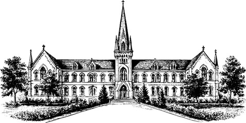 Obraz premium Antique engraved hospital building with gothic architecture isolated on white background for historical poster banner background and institutional design