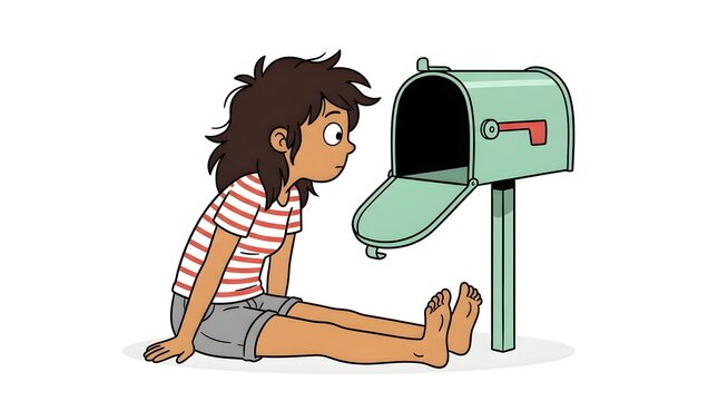 Girl sitting on ground peering into open empty metal mailbox