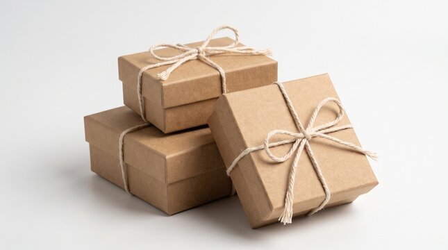 Stack of three rustic kraft paper gift boxes tied with twine