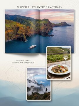 Madeira Atlantic Sanctuary Travel Campaign Poster with Coastline Yacht and Gastronomy