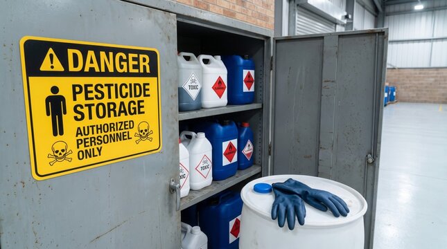 Metal cabinet containing various colorful plastic pesticide containers with hazardous warning labels and protective blue gloves for industrial safety management