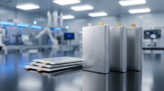 Three metallic prismatic lithium battery cells standing upright next to a stacked pile of similar energy storage components for technology