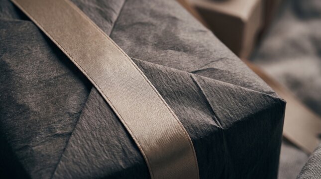 Elegant gift box wrapped in dark textured paper with a satin ribbon
