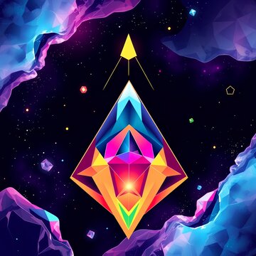 Abstract geometric crystal amidst cosmic nebulae