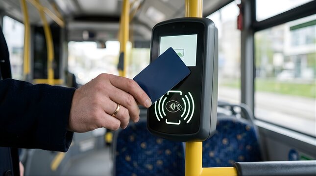 Passenger using contactless smart card to pay for bus fare on public transit