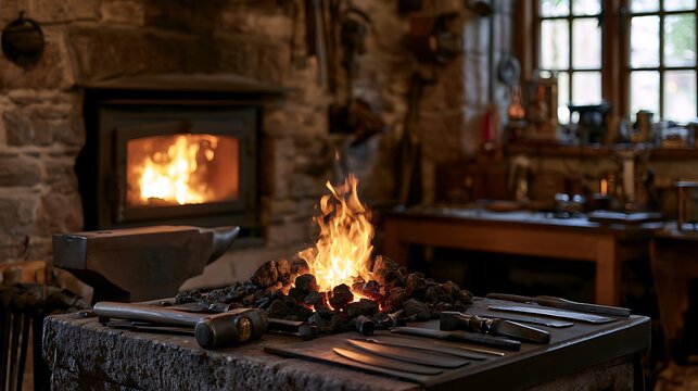 Home knife-making and bladesmith forge interior with forge fire and anvil