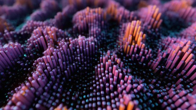 Abstract textured landscape with shifting purple and orange hues during a slow aerial camera flyover