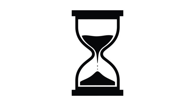 Black silhouette of an hourglass with sand flowing on a white background