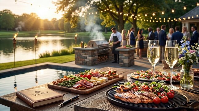 Elegant outdoor corporate party with a barbecue buffet beside a pool and lake at sunset