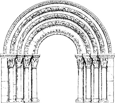 Antique romanesque doorway engraving with carved columns and semicircular arch for historical architectural background and reference