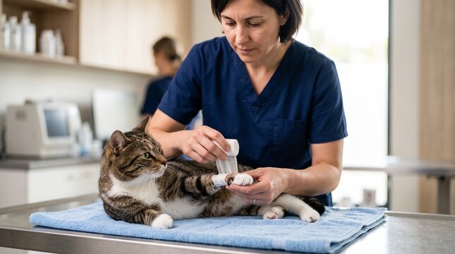 veterinarian treating cat paw