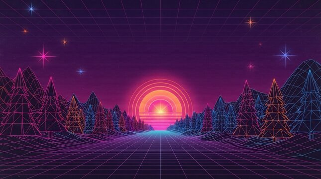 Retrowave neon autumn highway leading to a glowing sunset, surrounded by wireframe mountains and stylized pine trees in 80s synthwave aesthetic.
