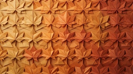 Fototapeta premium Origami autumn leaves tessellation pattern, folded paper maple leaf texture, warm seasonal gradient background for fall and Thanksgiving designs.