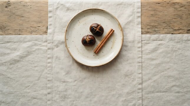 Roasted chestnuts and cinnamon sticks on a ceramic plate with linen runner on a rustic wooden table, cozy fall season flat lay.