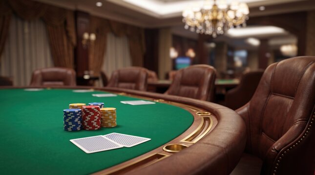 Empty green poker table with cards and chips surrounded by leather casino chairs