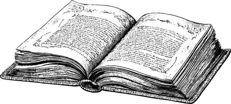 Antique engraving open vintage book for retro background poster and label design with detailed page texture and classic literature motif