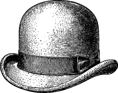 Antique engraved vintage bowler hat isolated on white background for design and historical fashion graphics with detailed etching and linework for decor use