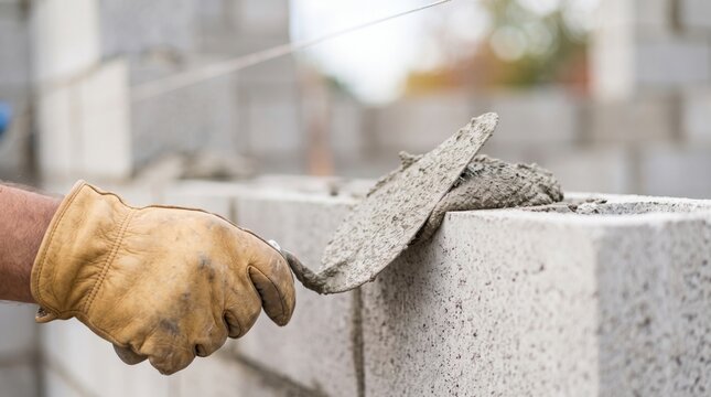 Close view of a gloved bricklayer spreading mortar across a concrete block wall