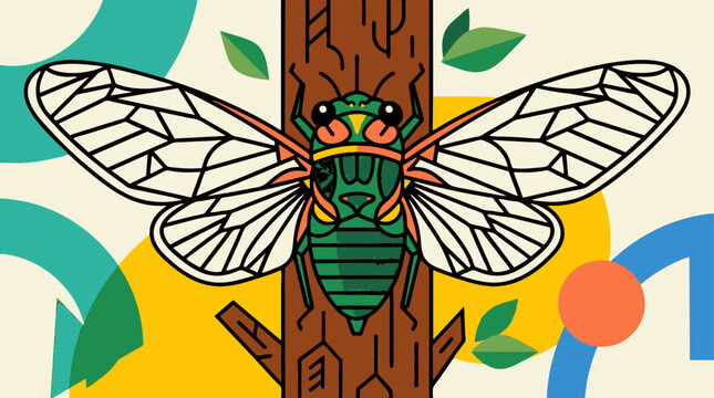 Green cicada insect on tree trunk line art illustration