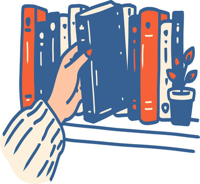 Hand Reaching for Book on Bookshelf Vector Illustration