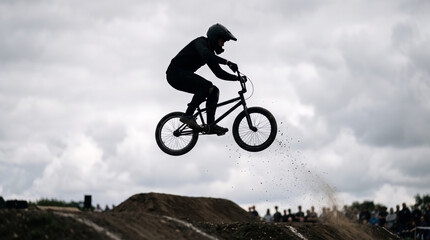 Fototapeta premium BMX rider performs a jump against a cloudy sky