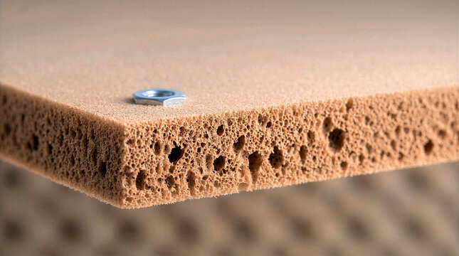 Close-up macro photograph of porous acoustic foam insulation panel displaying open cellular texture cut edge with a silver metal nut on surface. Industrial soundproofing material background