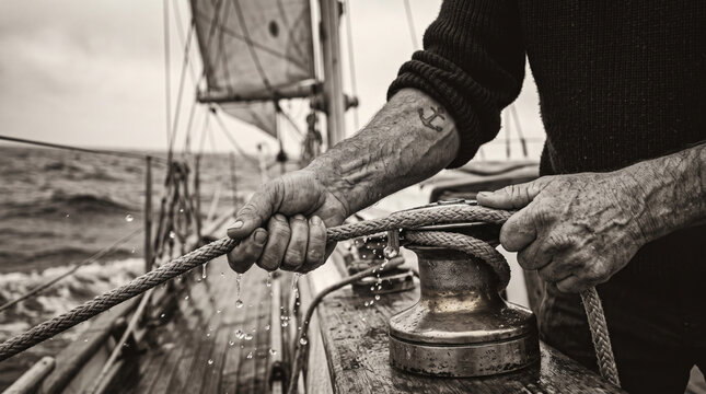 Sailor's weathered hands pull rope on a vintage sailboat during a sea voyage