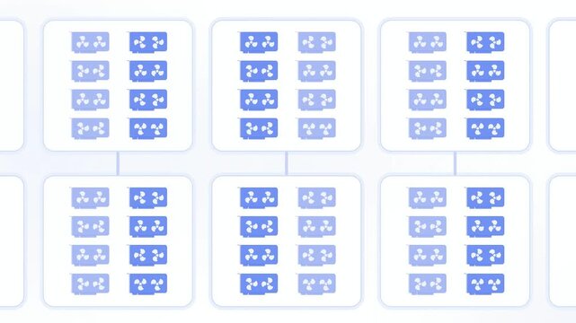 GPU Cluster Grid Visualization, Blue Server Node Animation, Digital Tech Background, High Performance Computing, Infographic Grid Motion, White Indigo Abstract Tech Style, Parallel Processing