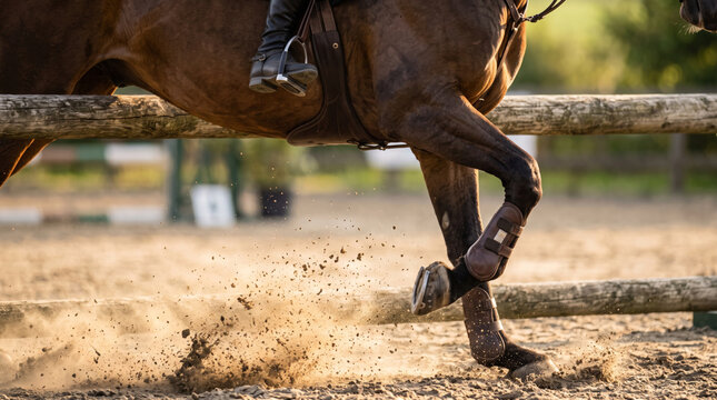 Horse jumping over obstacle kicking up dirt in equestrian competition
