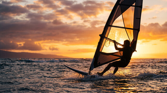 Windsurfer riding waves at sunset with dramatic clouds and ocean spray