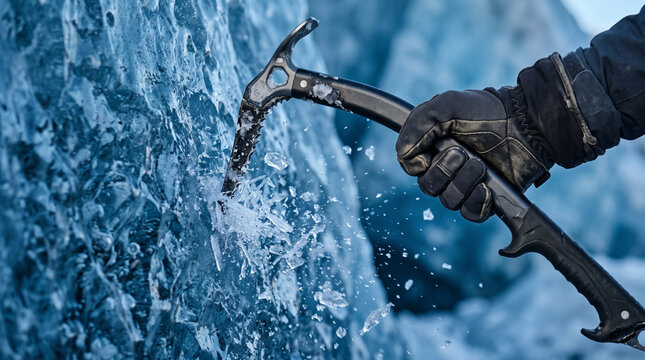 Climber's hand with ice axe breaking frozen ice wall during extreme adventure