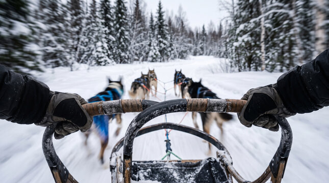 POV of person holding sled handles while dogs pull through snowy forest