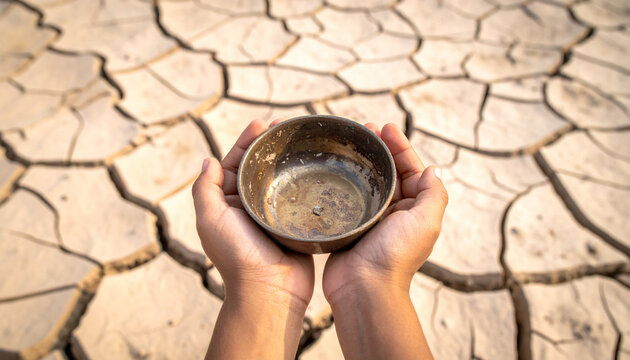 Hands hold an empty bowl over cracked, parched earth, a poignant metaphor for global hunger, severe drought, and poverty. This evocative, raw image highlights humanitarian crisis and climate.