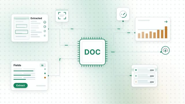AI Document Intake Workflow, Data Extraction, CSV Export, Motion Graphics, Horizontal, White Background, Dark Blue Text, Teal and Orange Accents