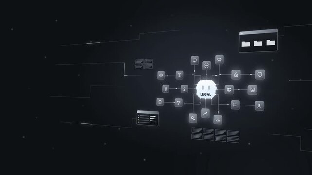 AI Legal Contract Review Dashboard, Dark Theme Tech Interface, Gold Accent Horizontal Panel, Smart Law Automation, Futuristic AI UI Graphic, Business Tech Motion