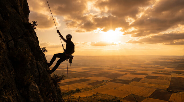 Silhouette of a climber rappelling down a rocky cliff at sunset with golden sky and clouds