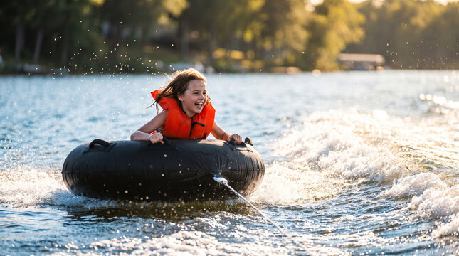 Joyful young girl tubing on a lake wearing an orange life vest
