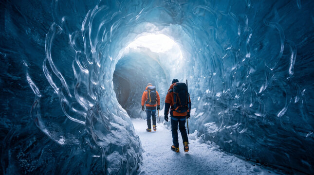 Two hikers explore a glowing blue ice cave tunnel with backpacks