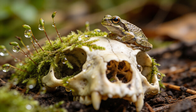 Photography of Tiny Tree Frog Perched on Moss Covered Animal Skull with Dewdrops in Forest Floor Environment.