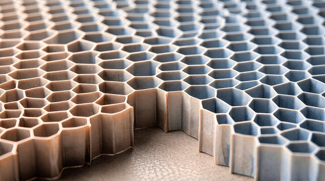 Hexagonal honeycomb cell grid pattern in close-up macro view. Grey matte surface texture featuring a cutaway section, geometric symmetry, depth of field and modern structural abstract design