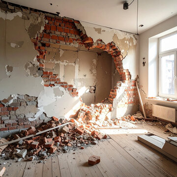 A wide hole in a damaged brick wall marks a home renovation project. This interior scene, with nobody present, evokes feelings of transformation and raw potential through rustic decay. No people.