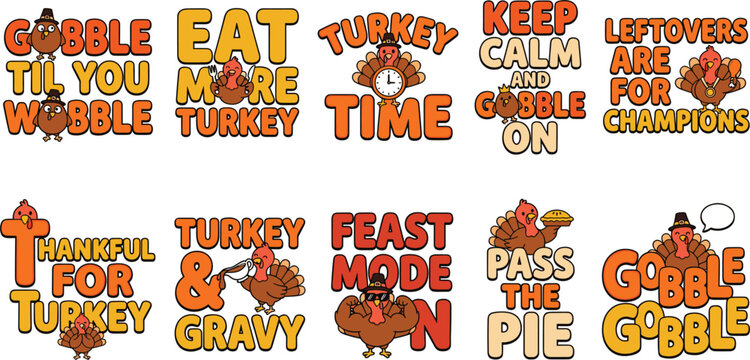 Funny Thanksgiving Typography Quote Collection Featuring Turkey Puns Feast Gravy Pie Leftovers and Festive Holiday Humor Designs