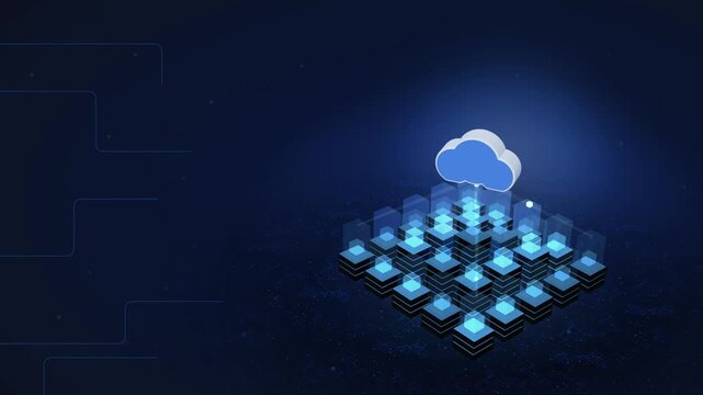 Isometric 3D Cloud Server Ziggurat, Futuristic Tech Background, Digital Data Center, Cyber Network Grid, Blue Glow Animation, Abstract Computing, Server Room Infrastructure, Cloud Storage