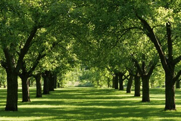 Fototapeta premium Lush green avenue of trees with sunlight dappling the manicured lawn