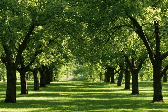 Lush green avenue of trees with sunlight dappling the manicured lawn