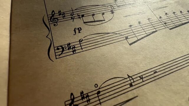Old sheets with music notes. Close-up. Retro style. Selective focus. Notes on music score paper. Concept background for musical content. Musical notes on sheet music with clear details