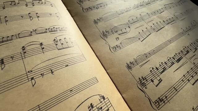 Old sheets with music notes. Close-up. Retro style. Selective focus. Notes on music score paper. Concept background for musical content. Musical notes on sheet music with clear details